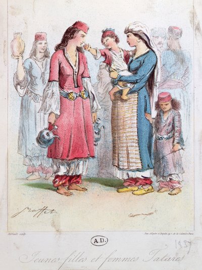 Unge tartariske jenter og kvinner, 1837 (fargegravering) av French School