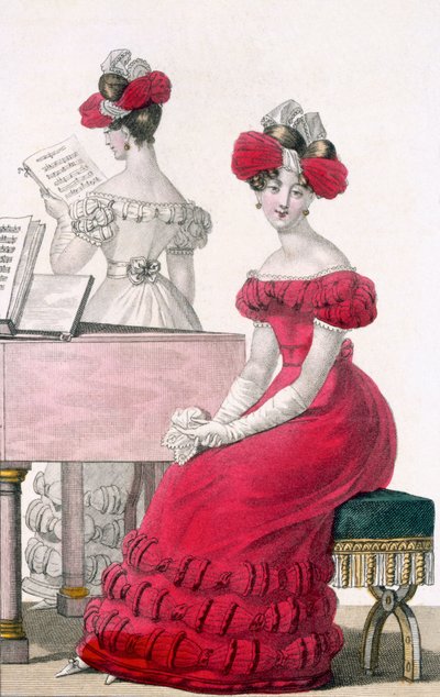 Ung kvinne i en crepe-aftenkjole med en forseggjort hodeplagg, annonse i Modes de Paris, ca. 1825 av French School
