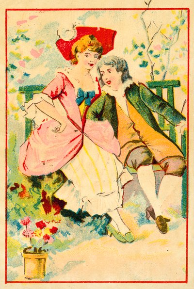 Ungt par på en benk i en hage (chromolitho) av French School