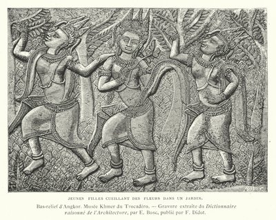 Unge jenter plukker blomster i en hage, basrelieff fra Angkor, Kambodsja (gravering) av French School