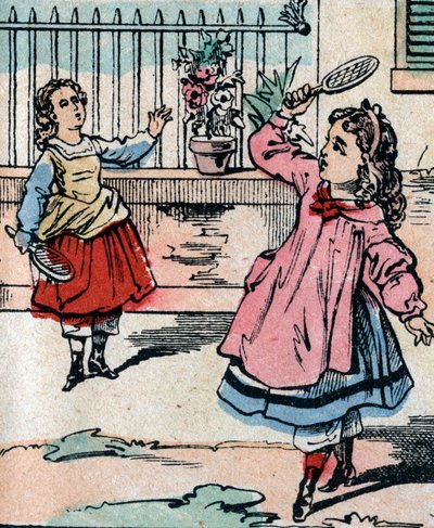 Unge jenter som spiller battledore og fjerbold, tidlig spill som ligner på badmington - Epinalt bilde - 1800-tallet (gravering) av French School