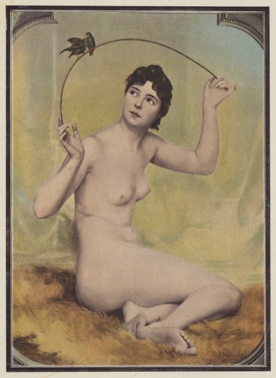 Ung naken kvinne med fugler (farge litho) av French School