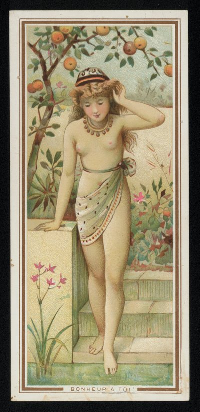 Ung kvinne i en hage, gratulasjonskort. (chromolitho) av French School