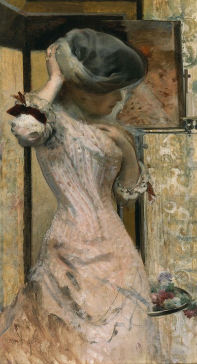 Ung kvinne foran speilet, ca. 1879–83 (olje på lerret) av French School