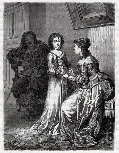 Hodet ditt er skyldig hvis hjertet ditt ikke er skyldig, sa Madame de Lanclos til datteren Anne "" Ninon"" fra Enclos (eller Ninon de Lenclos eller Ninon de Lanclos). av French School