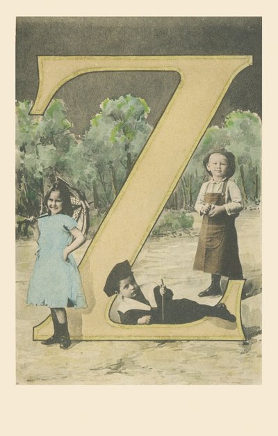 Z: To gutter, en i gartnerdrakt, en jente med paraply av French School