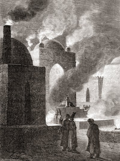 Zoroastriske ildtilbedere ved et ildtempel i Baku, Aserbajdsjan, fra 
