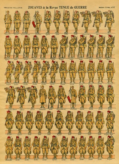 Zouaves, en fransk Armee-infanterienhet opprettet i 1830 av general Clauzel for erobringen av Algerie. Epinal avbildning av French School