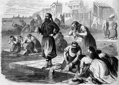 Zouaver fra den franske hæren gjør klesvasken sin. Italia, Risorgimento de 1859. Gravering i "" Le Monde Illustré"" nr. 122 av 13. august 1859. av French School