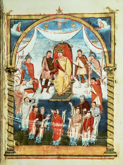 ds Lat 1 fol.423r Kong Charles II mottar en bibel fra grev Vivian og munkene i Saint-Martin de Tours, fra den første bibelen til Karl den skallede, ca. 843-51 av French School