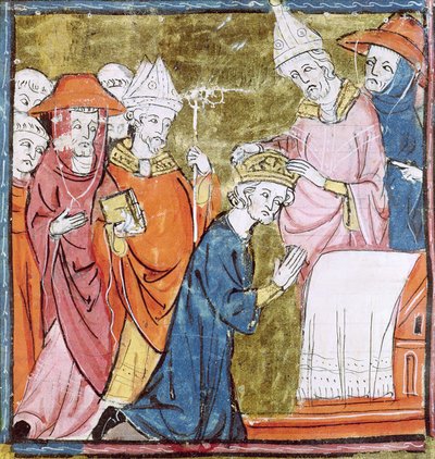 f.106r Kroningen av keiser Karl den Store (742-814) av pave Leo III (ca. 750-816) ved St. Peters, Roma i 800, Grandes Chroniques de France, 1375-79 av French School
