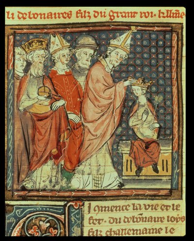 f.142r Kroningen av Ludvig I den fromme (778-840) hellige romerske keiser av pave Stephen IV (pave 816-817) i Reims i 816, fra Grandes Chroniques de France, 1375-79 av French School