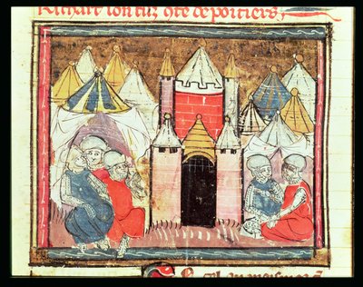 f.259r Beleiringen av Chateau-Gaillard i 1204 da Philip Augustus av Frankrike (1165-1223) beseiret kong John (Lackland) av England (1199-1216), fra Grandes Chroniques de France, 1375-79 av French School