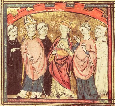 f.73r Dagobert I (605-39), kongen av frankerne som mottar kongeriket Frankrike, fra Grandes Chroniques de France, 1375-79 av French School