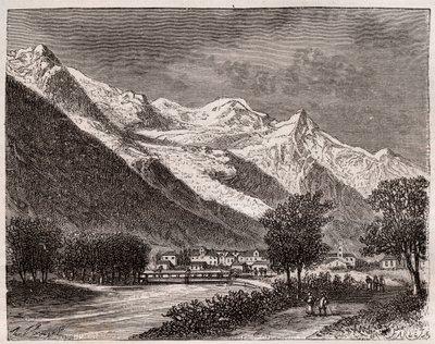 chamonix-dalen og mont Blanc - gravering i "La France illustrée: geografi, historie, statistisk administrasjon" av V.A. Malt-Brown. 1884 av French School