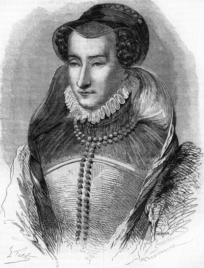 portrait of Joan III of Albret (1528 1572), mother of King Henry IV and wife of Antoine de Bourbon (1528-1572). In “” Histoire Populaire de la France””, sd. circa 1885. Engraving. av French School
