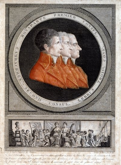 portrett av de tre konsulene, Napoleon Bonaparte (1769-1821), Jean Jacques Regis (Jean-Jacques-Regis) de Cambaceres (1753-1824) og Charles Francois Lebrun (1739-1824)" av French School
