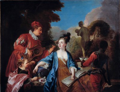 smak den i en park Unge av adelen får servert teen i hagen av en ung svart tjener. Maleri av den franske skolen. 18. århundre. Søn 1,71x1,32 m Rouen, musee des Beaux Arts av French School