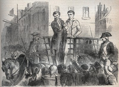 the Lyon mail post affair - Affaire du courrier de Lyon: Joseph Lesurques and Couriol go to the guillotine on 3 October 1796 - Engraving in “Causes celebres de tous les peuples” by Armand Fouquier (1817-18?) 1858-1867 - private collection av French School