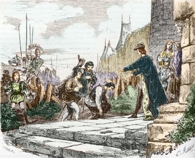 delfinen Ludvig (den gang Ludvig XI), hertugen Johannes II av Alencon og hertugen Karl I av Bourbon ber om tilgivelse til kong Karl VII av French School