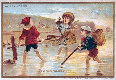 Gammelt postkort som viser barn på en strand av French School