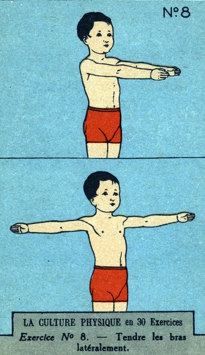 trening, kondisjon, kroppsøvelser, god helse, sunn (kromolitografi) begynnelsen av det 20. århundre av French School