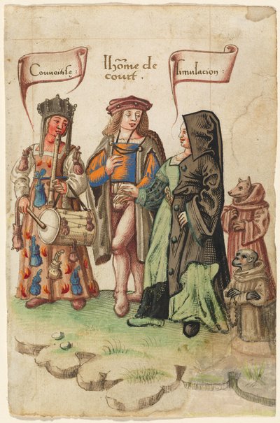 En hoffmann som står mellom begjærlighet og dissimulering [fol. 14 recto] av French early 16th Century