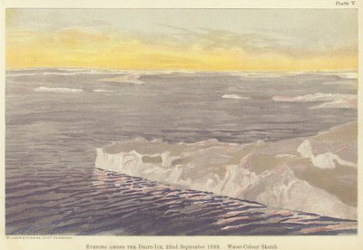 Kveld blant drivisen, 22. september 1893, akvarellskisse (farge litho) av Fridtjof Nansen