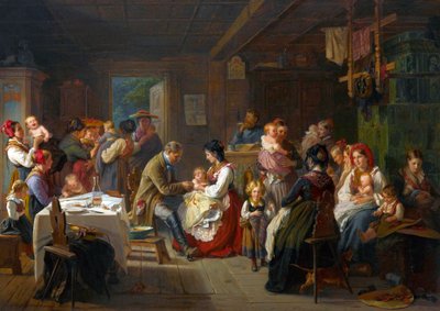 Vaksinasjon contre la variole a la campagne - En vaksinasjon mot kopper på landsbygda - Friedrich Adolph Hornemann (1813-1890). Olje på lerret av Friedrich Adolph Hornemann