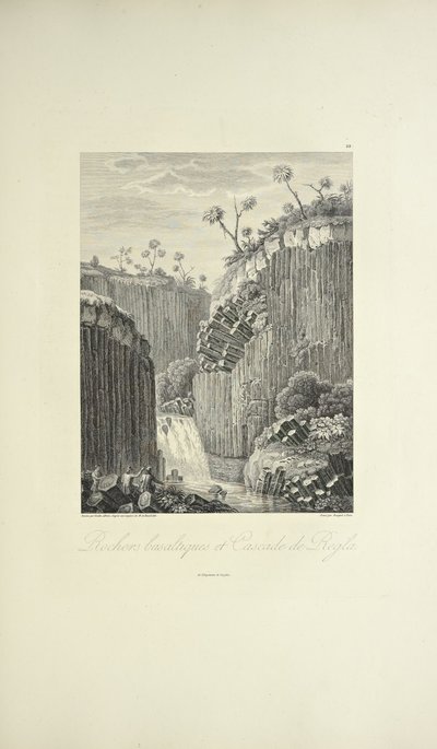 Basalt Rocks and the Cascade de Regla, tegnet av Gmelin, gravert av Bouquet, illustrasjon fra 'Views of the Cordilleras and Monuments of the Native Peoples of America' av Alexander von Humboldt og Aime Bonpland av Friedrich Alexander Baron von (after) Humboldt