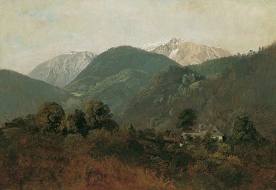 Utsikt fra Scheuchenstein til Gauermannhof med Schneeberg i bakgrunnen av Friedrich August Mathias Gauermann