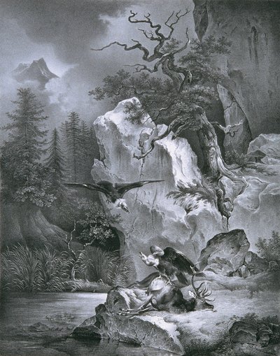 Gribb med død hjort av Friedrich August Mathias Gauermann