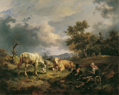 Ungt bondepar hviler i feltet av Friedrich August Mathias Gauermann