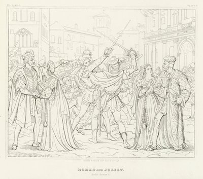 Romeo og Julie, 1. akt, scene 1 (gravering) av Friedrich August Moritz Retzsch
