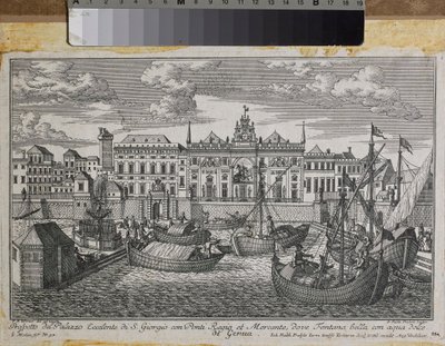 Plan over Genova som viser kongebroen, den nye broen i Mercanzia og St. George-palasset sett fra havet, ca. 1750 (gravering) av Friedrich Bernhard Werner