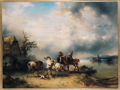 Hester som trekker båter hviler nær en pub ved Donau (maleri på tre) av Friedrich Gauermann