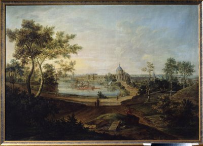 ""Utsikt over det kongelige palasset i Oranienbaum, nåværende Lomonossov i Russland"" (Utsikt over det store palasset i Oranienbaum) Bygget av arkitekt Antonio Rinaldi for keiserinne Katarina II den store. Maleri av Friedrich Hartmann Barisien (1724-1796)  av Friedrich Hartmann Barisien