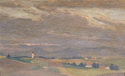 Kveldslandskap med kirketårn av Friedrich Hasslwander