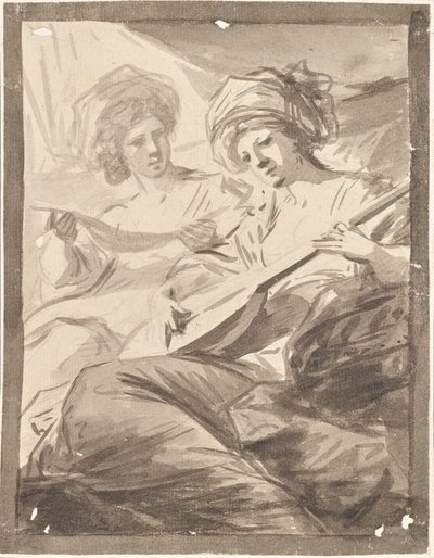 To kvinner med mandolin (studie for dobbeltportrettet av søstrene Victoire og Sophie von Fries?) av Friedrich Heinrich Fuger