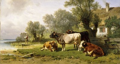 Storfe i en gårdsplass langs en elv med en fisker bortenfor, 1881 av Friedrich Johann Voltz