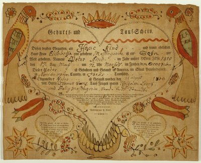 Fødsels- og dåpsattest, ca. 1790-1800 (oxgall blekk, akvarell og gravering på lagt papir) av Friedrich Krebs
