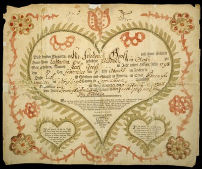 Fødsels- og dåpsattest, ca. 1800 (oxgall blekk, akvarell og gravering på lagt papir) av Friedrich Krebs