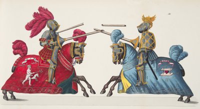 To riddere ved en turnering, plate fra 'A History of the Development and Customs of Chivalry', av Dr. Franz Kottenkamp, utgitt av Carl Hoffmann, 1842 av Friedrich Martin von Reibisch