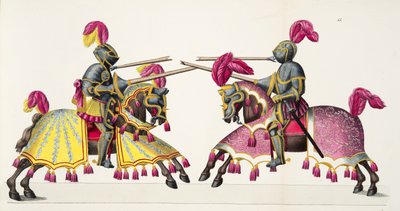 To riddere ved en turnering, plate fra 'A History of the Development and Customs of Chivalry', av Dr. Franz Kottenkamp, utgitt av Carl Hoffmann, 1842 av Friedrich Martin von Reibisch