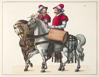 To musikere ved en turnering, plate fra A History of the Development and Customs of Chivalry, av Dr. Franz Kottenkamp, utgitt av Carl Hoffmann, 1842 av Friedrich Martin von Reibisch
