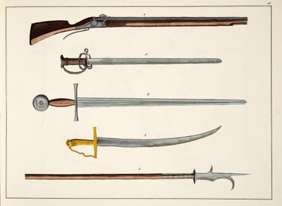 Våpen inkludert sverd og spyd, ca. 1400, plate fra A History of the Development and Customs of Chivalry, av Dr. Franz Kottenkamp, utgitt av Carl Hoffmann, 1842 av Friedrich Martin von Reibisch