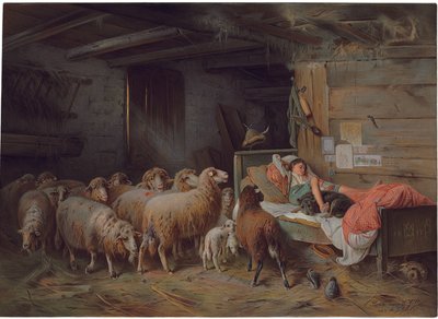 Plakett som viser en hyrde som sover med hunden sin, en uovervåket flokk ved hans side, sent på 1800- og begynnelsen av 1900-tallet av Friedrich Otto Gebler