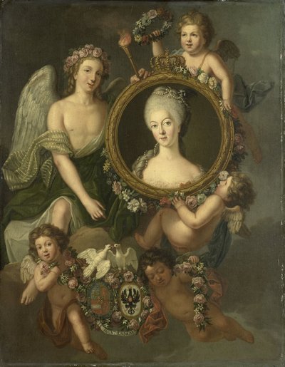 Portrett av Wilhelmina av Preussen i en medaljong med hentydninger til hennes ekteskap med prins William V 4. oktober 1767 i Berlin (Frederika Sophia Wilhelmina) av Friedrich Reclam