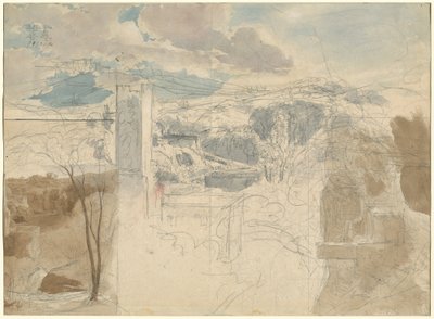Ruinene av et befestet tårn blant skogkledde åser [recto] av Friedrich Salathé