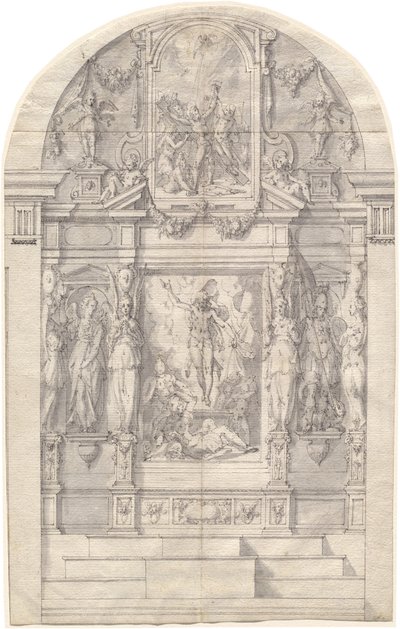 Et forseggjort alter med Kristi oppstandelse og Saint Andrews martyrium av Friedrich Sustris